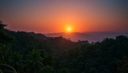 Soft evening glow across tropical jungle hillsの素材