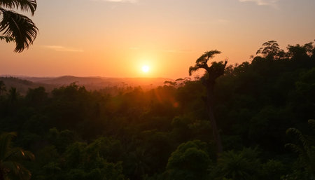 Golden light of sunset on jungle forest canopyの素材