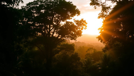 Golden light shining through forest trees sunsetの素材