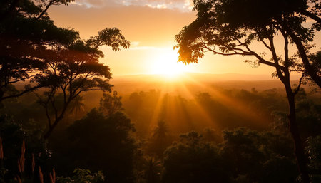 Peaceful golden rays covering jungle forest viewの素材
