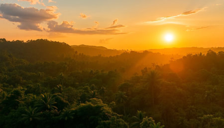 Golden sunset over lush jungle forest viewの素材