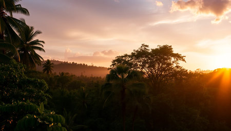 Serene jungle bathed in glowing golden twilightの素材