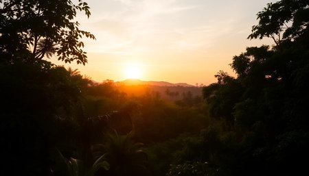 Serene jungle bathed in glowing golden twilightの素材