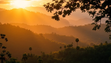Radiant twilight spreading across jungle forestの素材