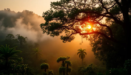 Golden sunset through misty jungle canopyの素材