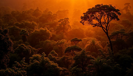 Golden horizon shining over lush jungle valleyの素材