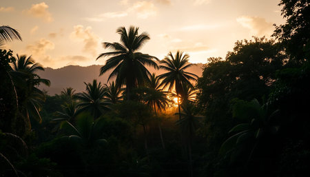 Serene dusk light across tropical jungleの素材