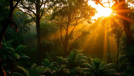 Evening sunlight painting jungle forest goldの素材