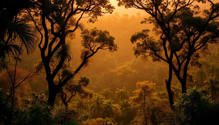 Soft golden light covering green jungle valleyの素材