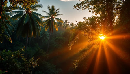 Golden light spreading across calm jungle treesの素材