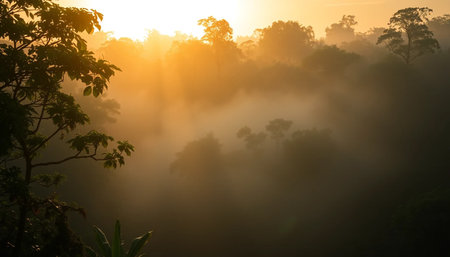Sunlight melting into tranquil jungle mistの素材