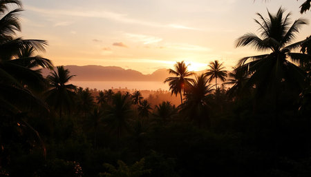 Soft warm twilight shining above tropical jungleの素材