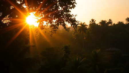 Warm sunlight fading beyond calm jungle hillsの素材