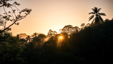 Evening sunlight over tranquil jungleの素材