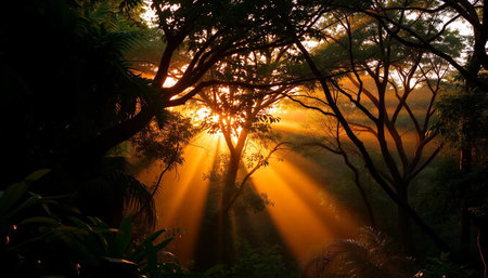 Golden rays over jungle canopy eveningの素材