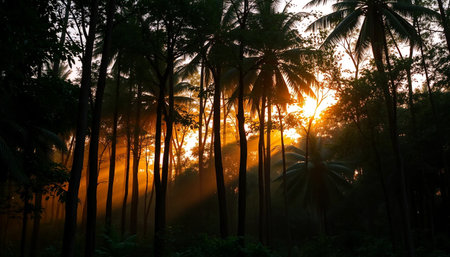 Calm jungle sunset with golden glowの素材