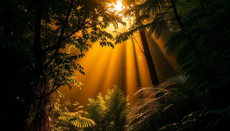 Golden light across deep jungle forestの素材