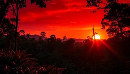 Crimson Sky Over Wild Foliageの素材