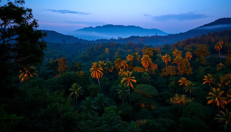 Peaceful twilight over calm jungle treesの素材
