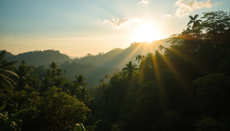 Golden rays over tranquil jungle sceneの素材