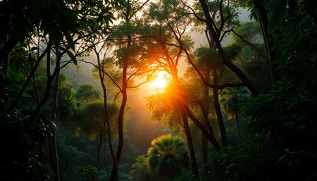 Peaceful evening sunlight across jungle forestの素材
