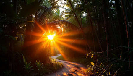 Evening glow through quiet jungle pathの素材