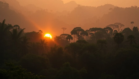 Golden horizon light in dense jungleの素材