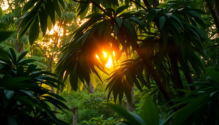Soft sunset rays over jungle leavesの素材