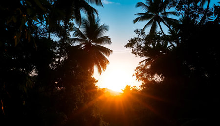 Tranquil jungle sunset with golden lightの素材