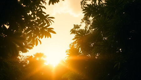 Soft golden sky above deep forest leavesの素材