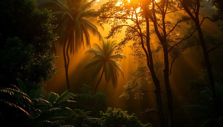 Golden rays over deep green jungle treesの素材