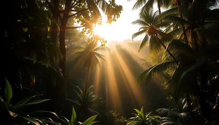 Serene sunlight over tropical jungleの素材