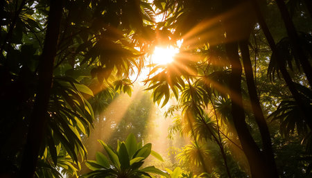 Calm golden light through jungle canopyの素材