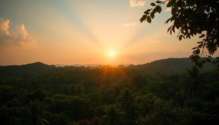 Peaceful horizon light over green forestの素材