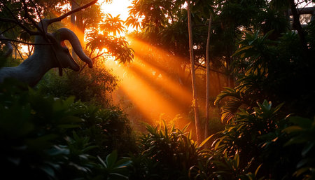 Calm sunset rays above forest leavesの素材