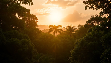 Golden sky over peaceful jungle canopyの素材