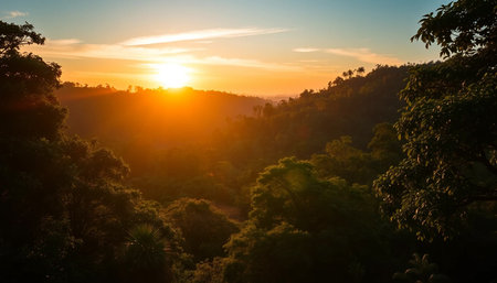 Golden sunlight on forest horizonの素材