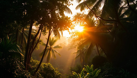 Peaceful evening glow over tropical forestの素材
