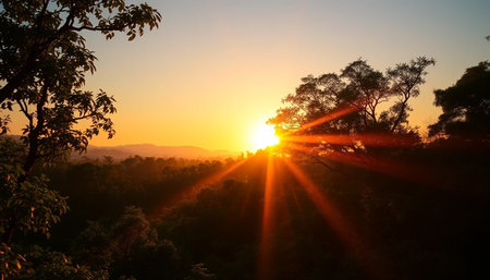 Golden evening rays across jungle viewの素材