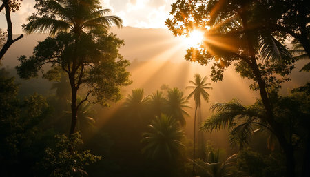 Peaceful warm glow over tranquil jungleの素材