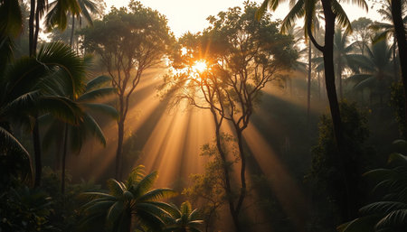 Golden rays through calm jungle treesの素材