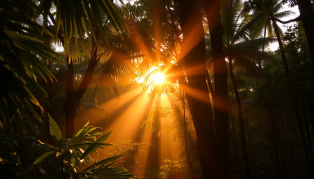 Golden sunlight through jungle leavesの素材
