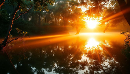 Soft jungle sunset on forest waterの素材