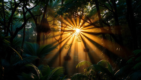 Calm sunlight over jungle forestの素材