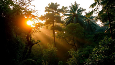 Golden twilight through jungle pathsの素材