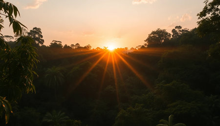 Golden sun rays across jungle canopyの素材