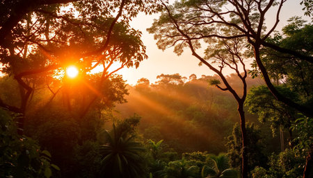 Golden sun rays across jungle canopyの素材
