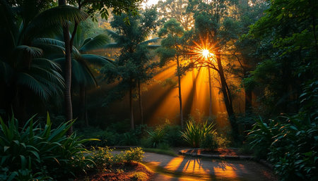Golden evening rays on jungle forestの素材