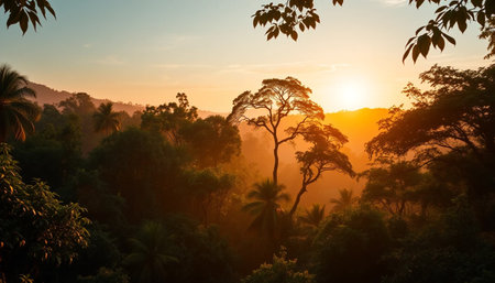 Warm twilight glow over jungle viewの素材