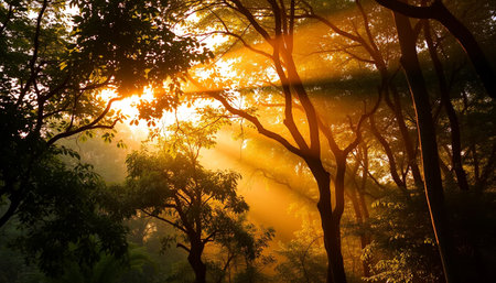 Serene sunlight on forest canopy warmthの素材